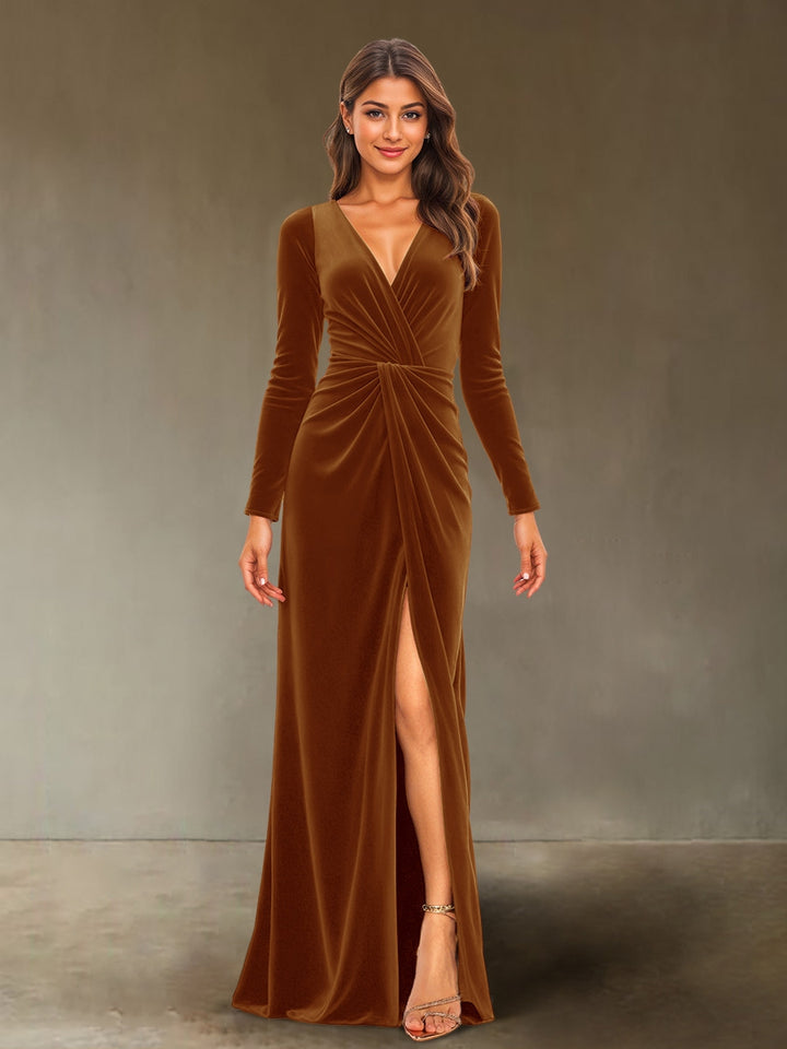 Sheath/Column V-Neck Long Sleeves Velvet Ruched Evening Dresses with Side Slit