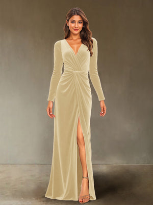 Sheath/Column V-Neck Long Sleeves Velvet Ruched Evening Dresses with Side Slit