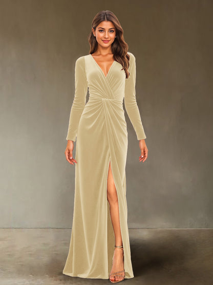 Sheath/Column V-Neck Long Sleeves Velvet Ruched Evening Dresses with Side Slit