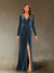 Sheath/Column V-Neck Long Sleeves Velvet Ruched Evening Dresses with Side Slit