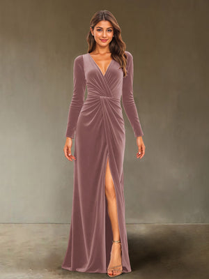 Sheath/Column V-Neck Long Sleeves Velvet Ruched Evening Dresses with Side Slit