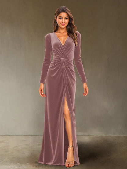 Sheath/Column V-Neck Long Sleeves Velvet Ruched Evening Dresses with Side Slit