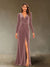 Sheath/Column V-Neck Long Sleeves Velvet Ruched Evening Dresses with Side Slit