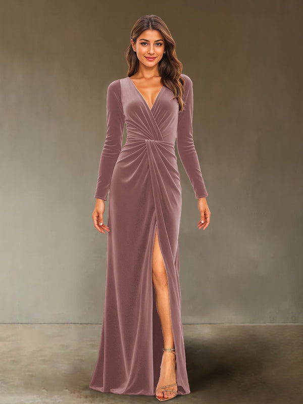 Sheath/Column V-Neck Long Sleeves Velvet Ruched Evening Dresses with Side Slit