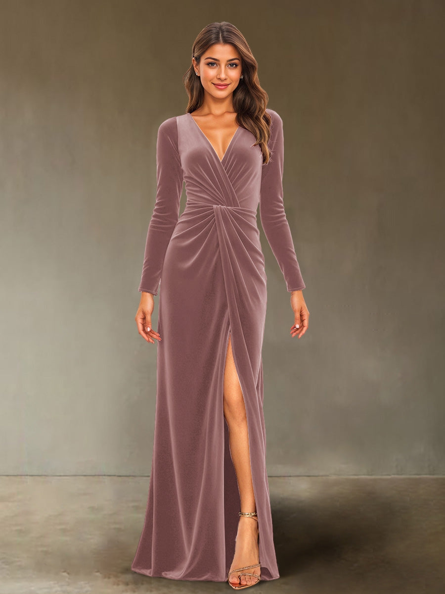 Sheath/Column V-Neck Long Sleeves Velvet Ruched Evening Dresses with Side Slit