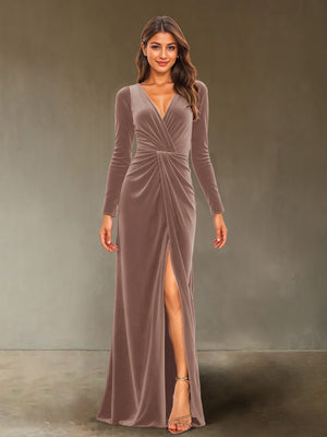 Sheath/Column V-Neck Long Sleeves Velvet Ruched Evening Dresses with Side Slit