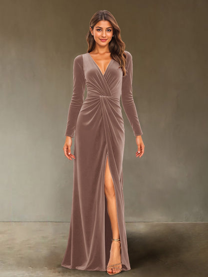 Sheath/Column V-Neck Long Sleeves Velvet Ruched Evening Dresses with Side Slit