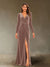 Sheath/Column V-Neck Long Sleeves Velvet Ruched Evening Dresses with Side Slit