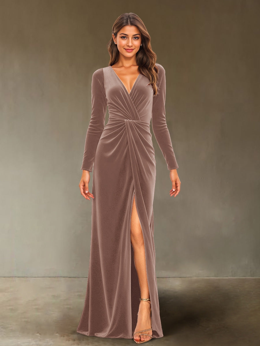 Sheath/Column V-Neck Long Sleeves Velvet Ruched Evening Dresses with Side Slit