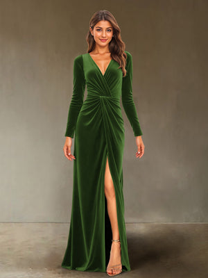 Sheath/Column V-Neck Long Sleeves Velvet Ruched Evening Dresses with Side Slit