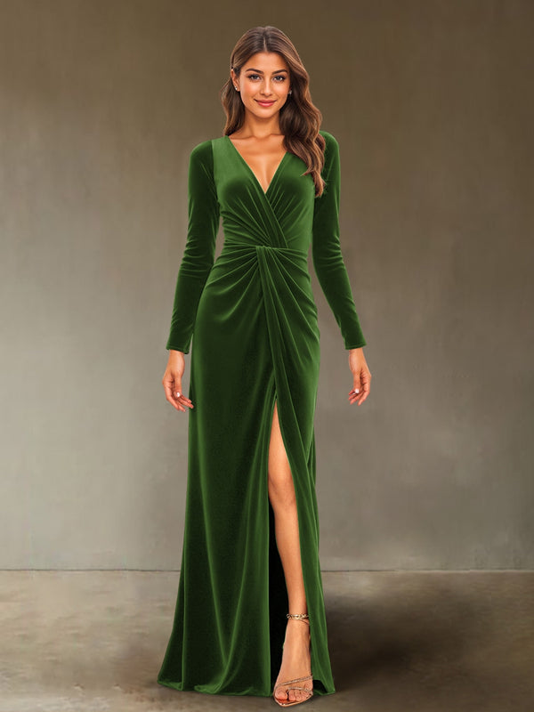 Sheath/Column V-Neck Long Sleeves Velvet Ruched Evening Dresses with Side Slit