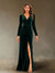 Sheath/Column V-Neck Long Sleeves Velvet Ruched Evening Dresses with Side Slit