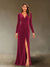 Sheath/Column V-Neck Long Sleeves Velvet Ruched Evening Dresses with Side Slit