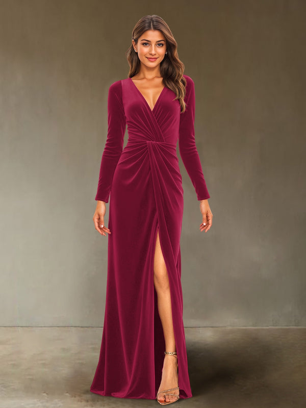 Sheath/Column V-Neck Long Sleeves Velvet Ruched Evening Dresses with Side Slit