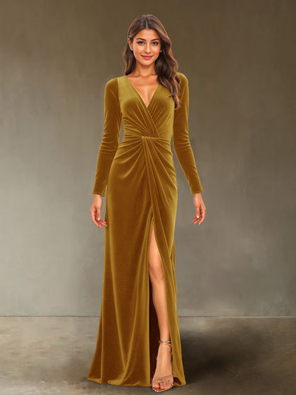 Sheath/Column V-Neck Long Sleeves Velvet Ruched Evening Dresses with Side Slit