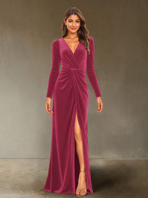 Sheath/Column V-Neck Long Sleeves Velvet Ruched Evening Dresses with Side Slit
