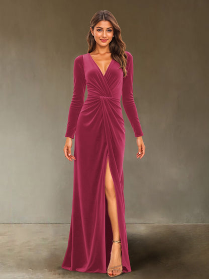 Sheath/Column V-Neck Long Sleeves Velvet Ruched Evening Dresses with Side Slit
