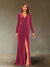 Sheath/Column V-Neck Long Sleeves Velvet Ruched Evening Dresses with Side Slit