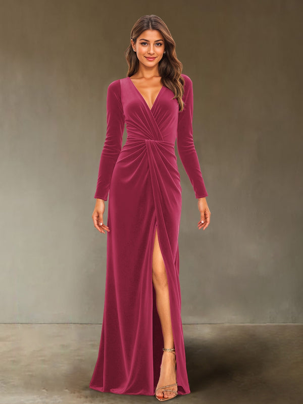 Sheath/Column V-Neck Long Sleeves Velvet Ruched Evening Dresses with Side Slit