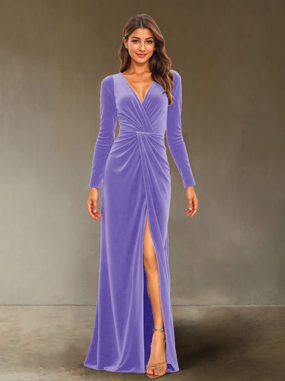 Sheath/Column V-Neck Long Sleeves Velvet Ruched Evening Dresses with Side Slit