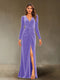 Sheath/Column V-Neck Long Sleeves Velvet Ruched Evening Dresses with Side Slit