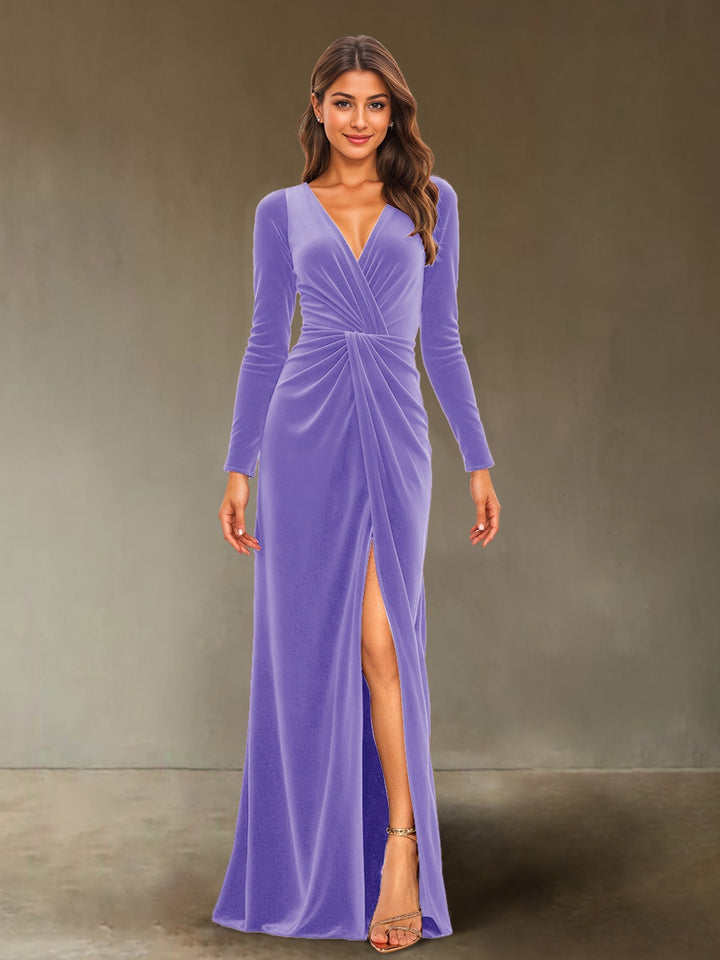 Sheath/Column V-Neck Long Sleeves Velvet Ruched Evening Dresses with Side Slit