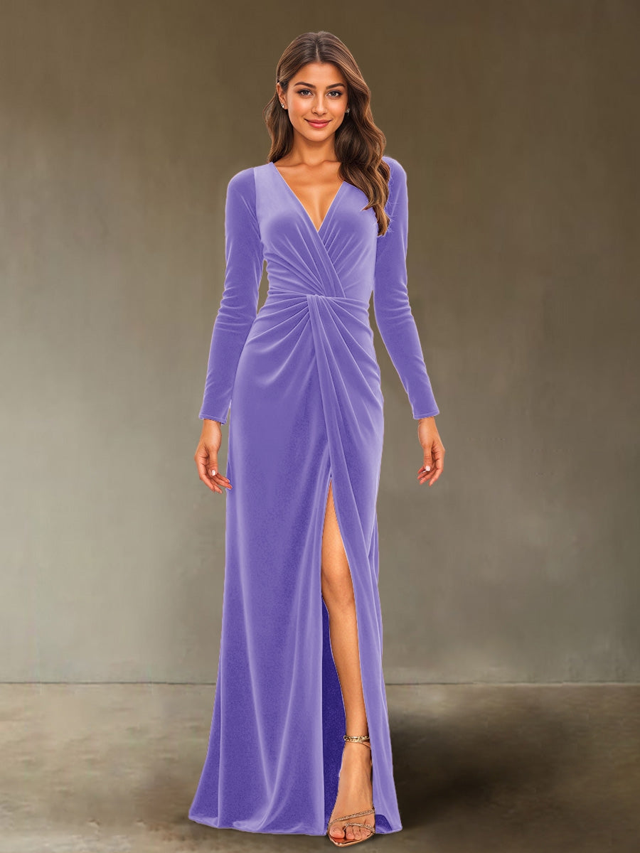 Sheath/Column V-Neck Long Sleeves Velvet Ruched Evening Dresses with Side Slit