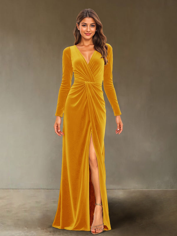 Sheath/Column V-Neck Long Sleeves Velvet Ruched Evening Dresses with Side Slit