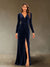 Sheath/Column V-Neck Long Sleeves Velvet Ruched Evening Dresses with Side Slit