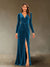 Sheath/Column V-Neck Long Sleeves Velvet Ruched Evening Dresses with Side Slit