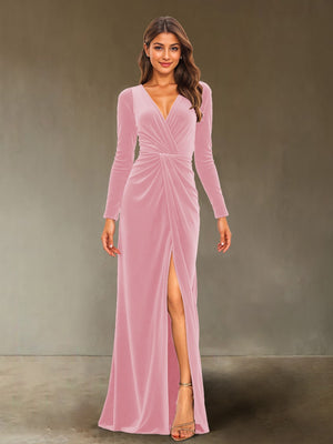 Sheath/Column V-Neck Long Sleeves Velvet Ruched Evening Dresses with Side Slit