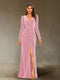 Sheath/Column V-Neck Long Sleeves Velvet Ruched Evening Dresses with Side Slit