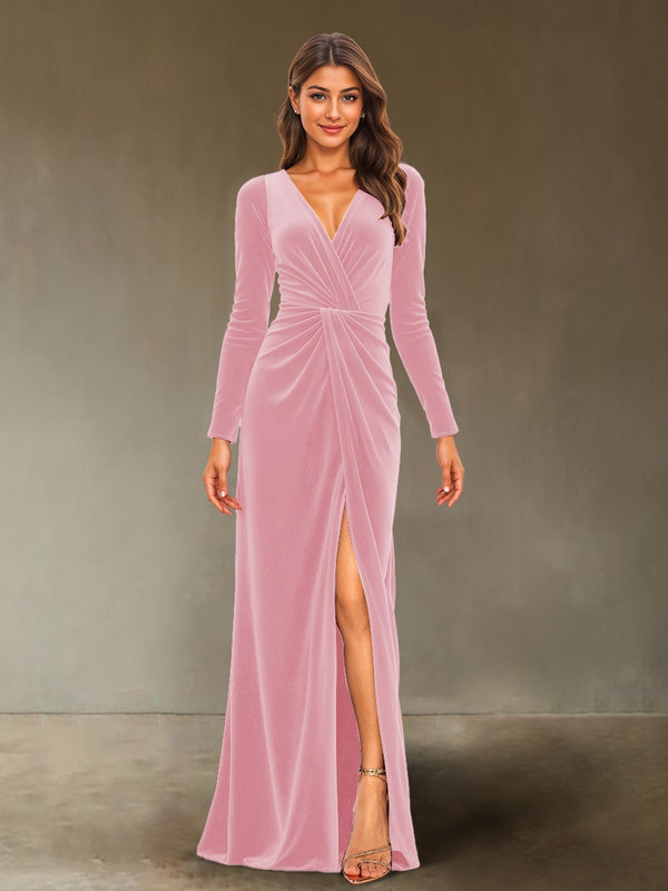Sheath/Column V-Neck Long Sleeves Velvet Ruched Evening Dresses with Side Slit