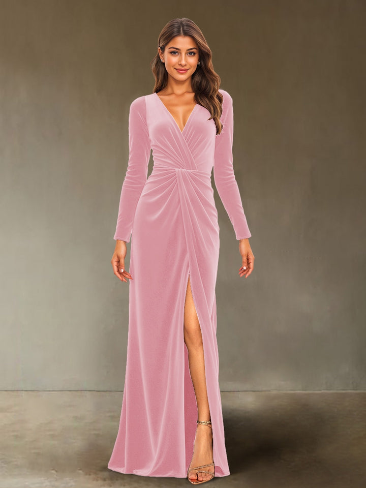 Sheath/Column V-Neck Long Sleeves Velvet Ruched Evening Dresses with Side Slit