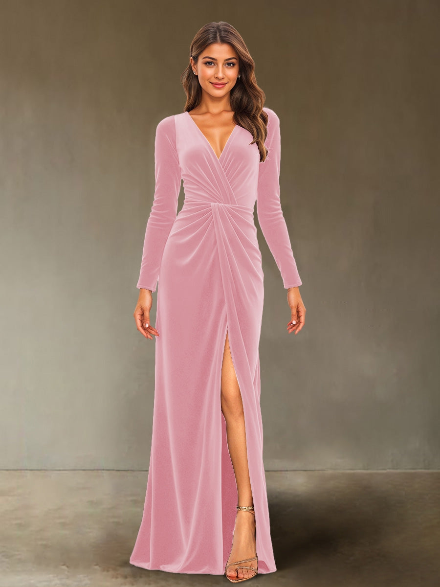 Sheath/Column V-Neck Long Sleeves Velvet Ruched Evening Dresses with Side Slit