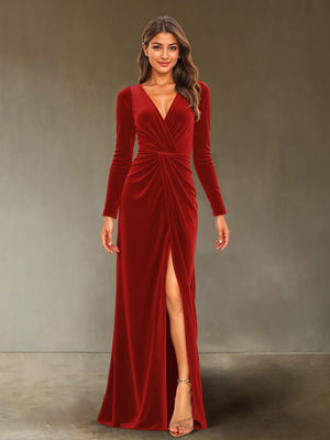 Sheath/Column V-Neck Long Sleeves Velvet Ruched Evening Dresses with Side Slit