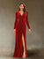 Sheath/Column V-Neck Long Sleeves Velvet Ruched Evening Dresses with Side Slit