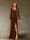 Sheath/Column V-Neck Long Sleeves Velvet Ruched Evening Dresses with Side Slit