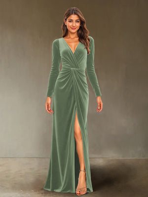 Sheath/Column V-Neck Long Sleeves Velvet Ruched Evening Dresses with Side Slit