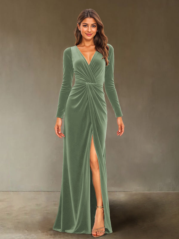 Sheath/Column V-Neck Long Sleeves Velvet Ruched Evening Dresses with Side Slit