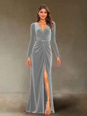 Sheath/Column V-Neck Long Sleeves Velvet Ruched Evening Dresses with Side Slit