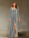 Sheath/Column V-Neck Long Sleeves Velvet Ruched Evening Dresses with Side Slit