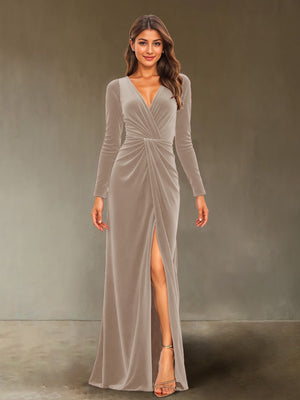 Sheath/Column V-Neck Long Sleeves Velvet Ruched Evening Dresses with Side Slit