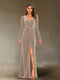 Sheath/Column V-Neck Long Sleeves Velvet Ruched Evening Dresses with Side Slit