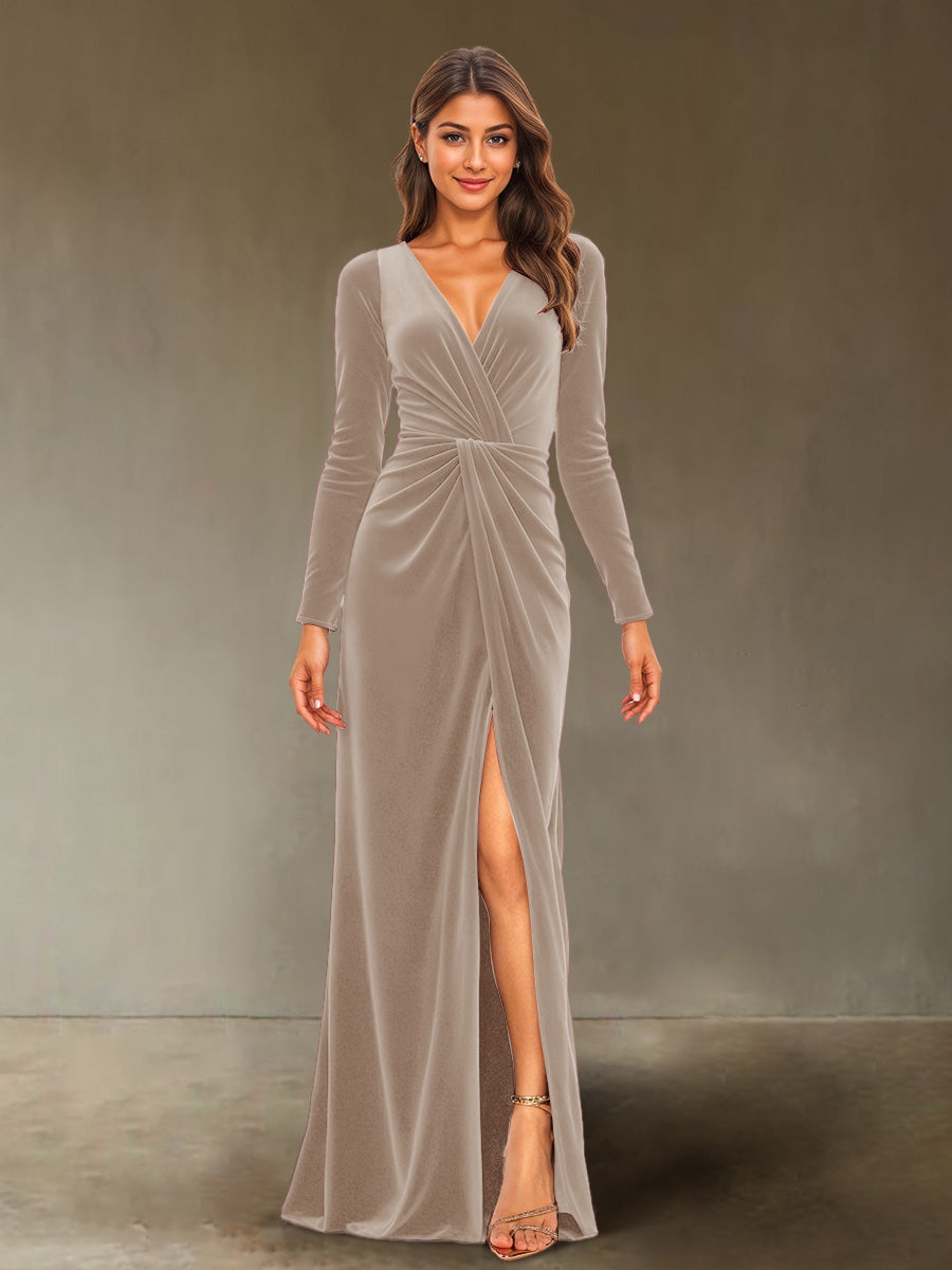 Sheath/Column V-Neck Long Sleeves Velvet Ruched Evening Dresses with Side Slit