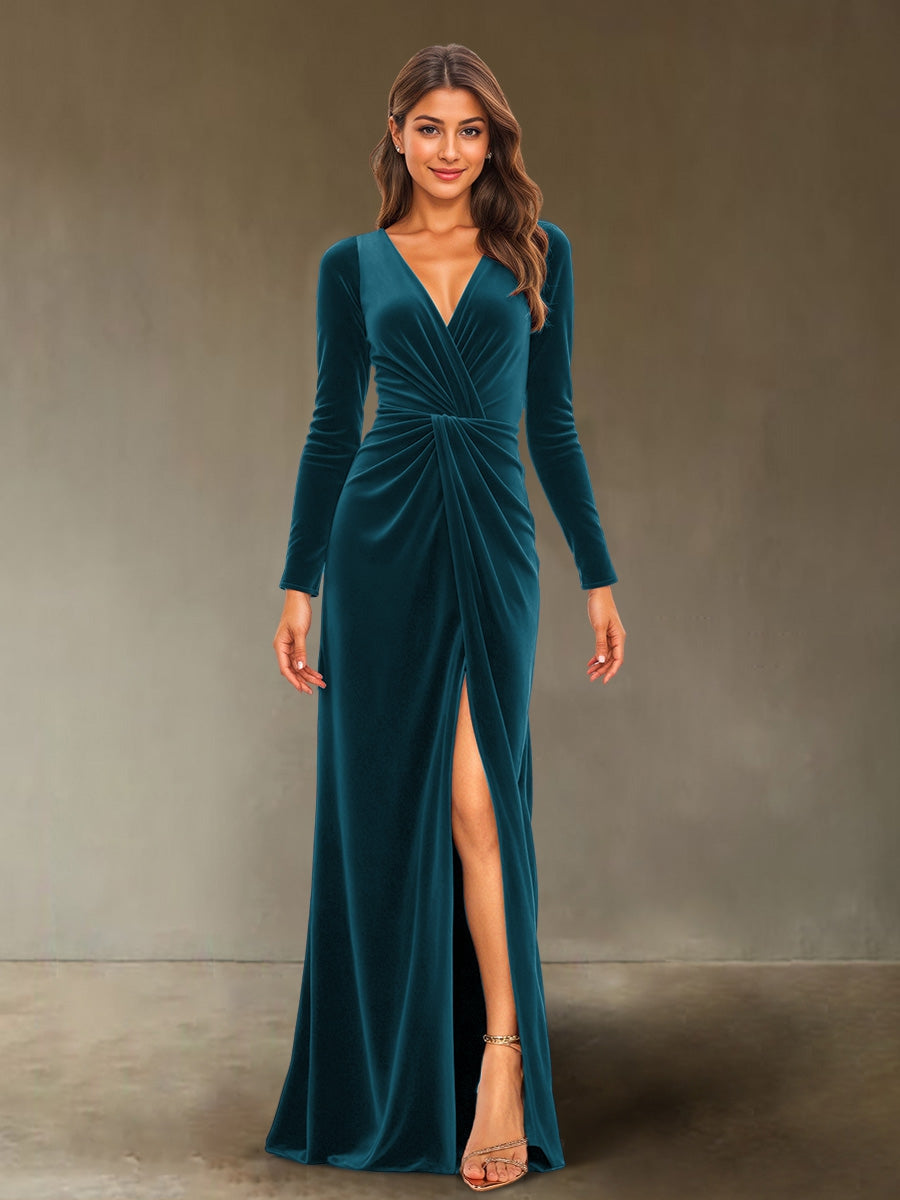 Lavetir Peacock Sheath/Column V-Neck Long Sleeves Velvet Ruched Evening Dresses with Side Slit 2026