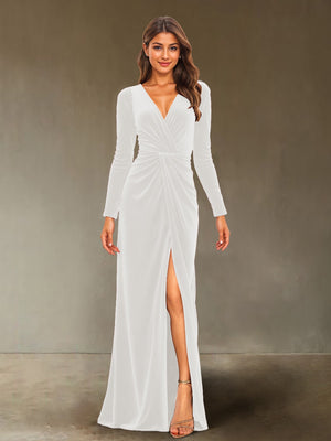 Sheath/Column V-Neck Long Sleeves Velvet Ruched Evening Dresses with Side Slit
