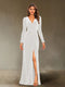 Sheath/Column V-Neck Long Sleeves Velvet Ruched Evening Dresses with Side Slit