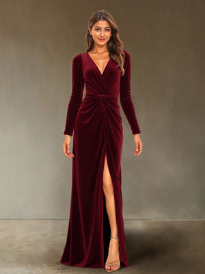 Sheath/Column V-Neck Long Sleeves Velvet Ruched Evening Dresses with Side Slit