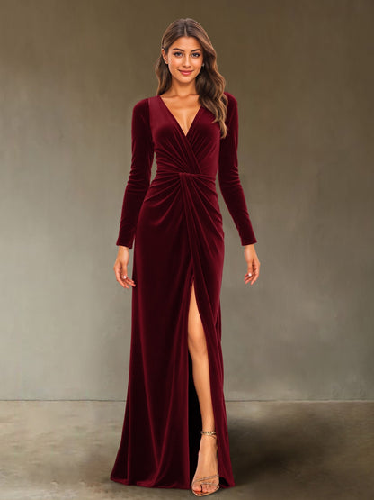 Sheath/Column V-Neck Long Sleeves Velvet Ruched Evening Dresses with Side Slit